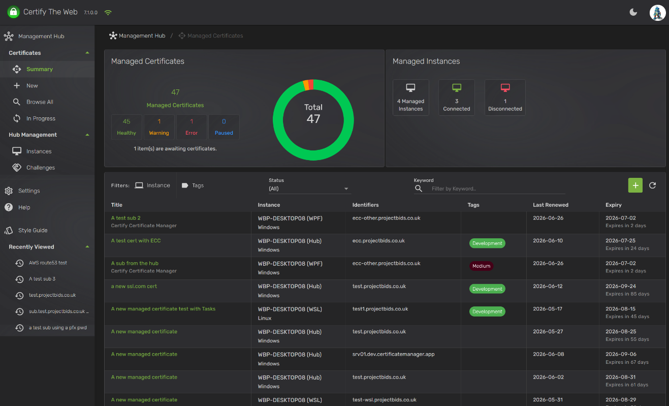 Certify Management Hub web management interface
